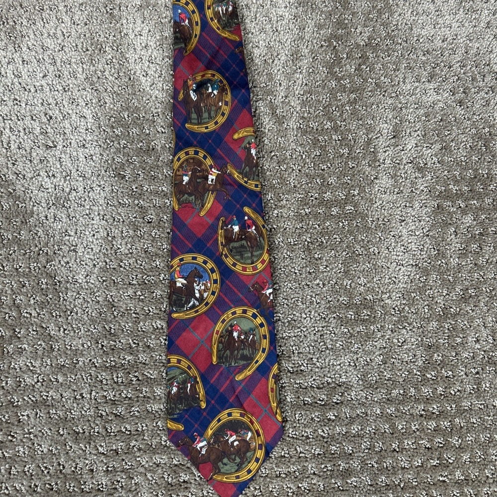 Vintage Polo Ralph Lauren Equestrian Silk Tie Horse Racing Print Made in USA